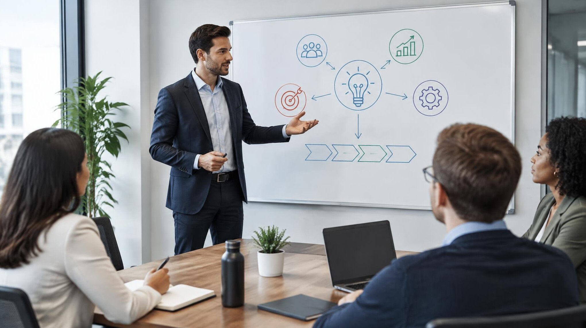 Presenter at a whiteboard summarising strategy points