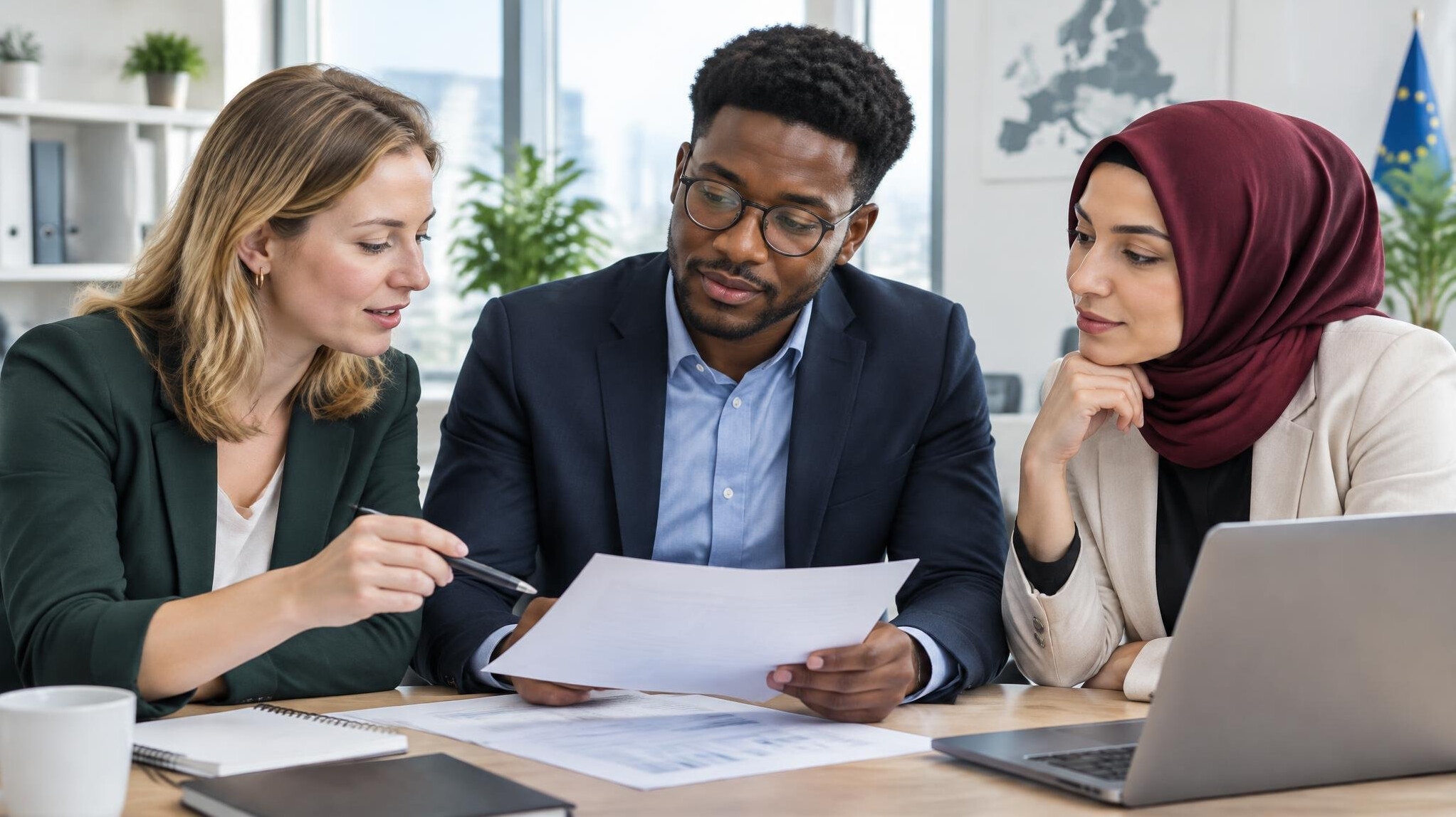 Colleagues collaborating at a desk with documents