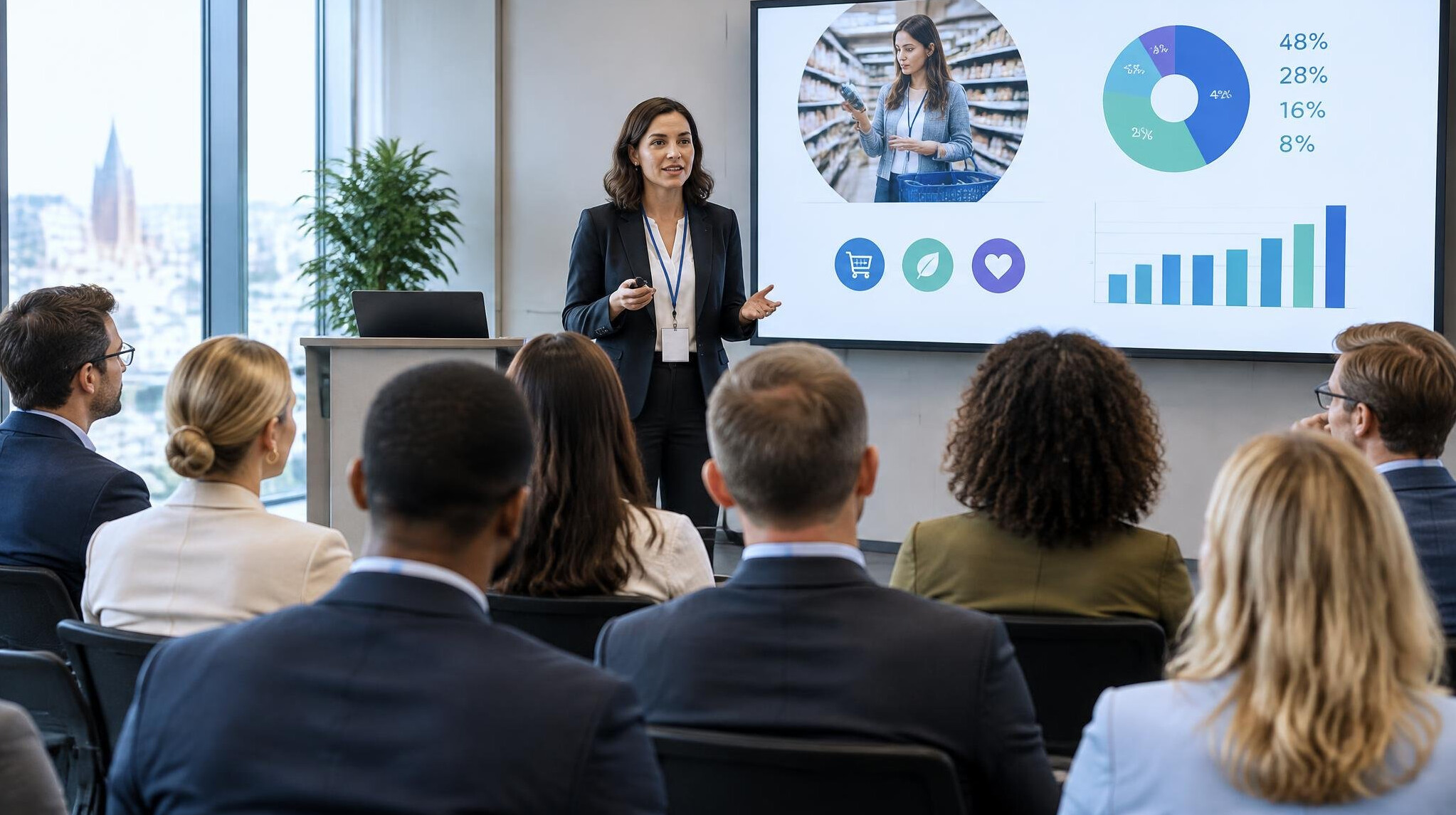 Conference room with attendees listening to a presentation