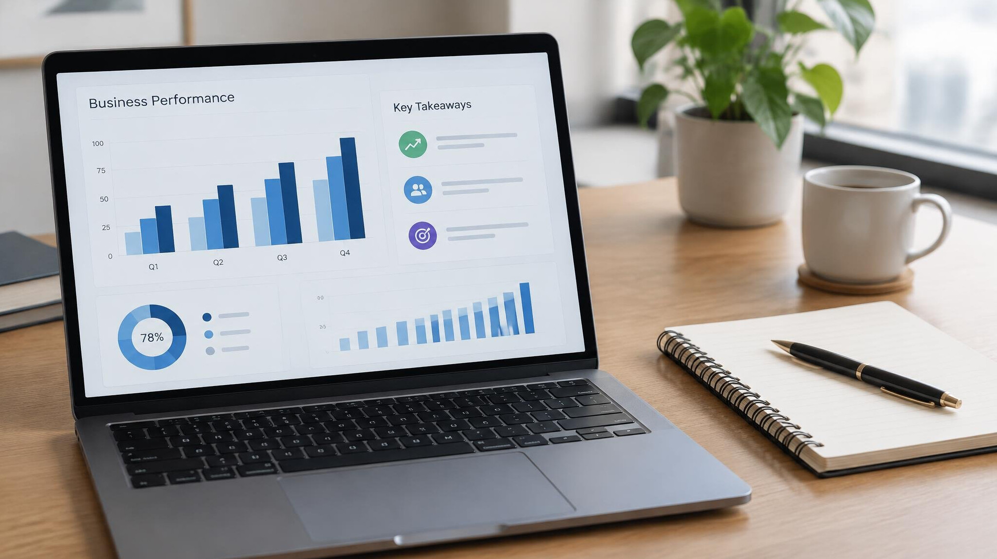 Laptop displaying business charts and reports