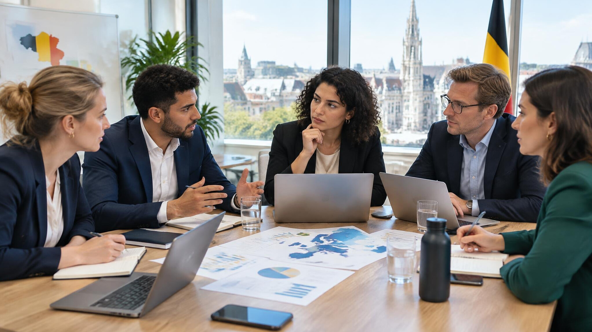 Business professionals seated around a table during a strategy meeting