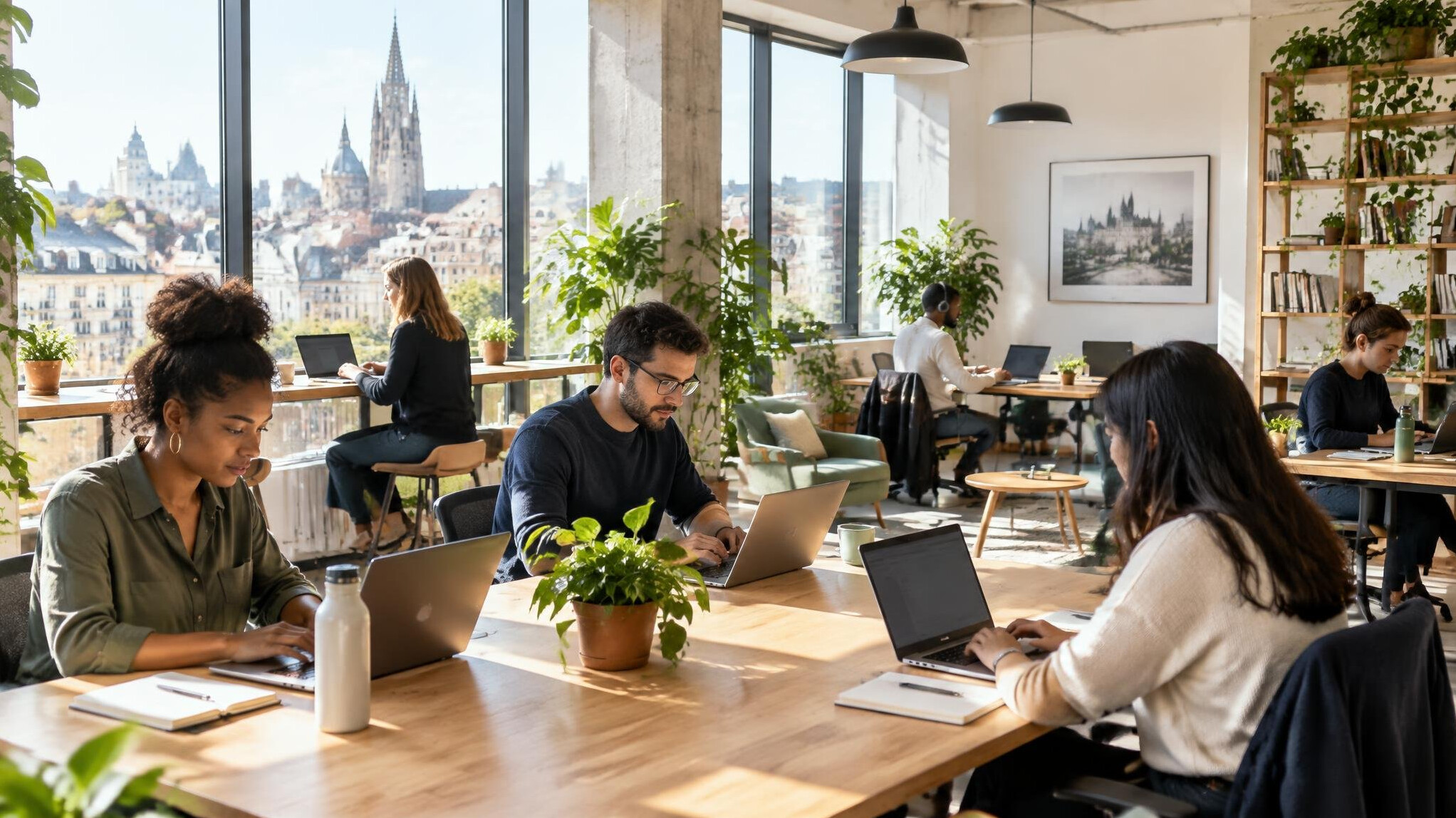 Bright co-working space with people at desks